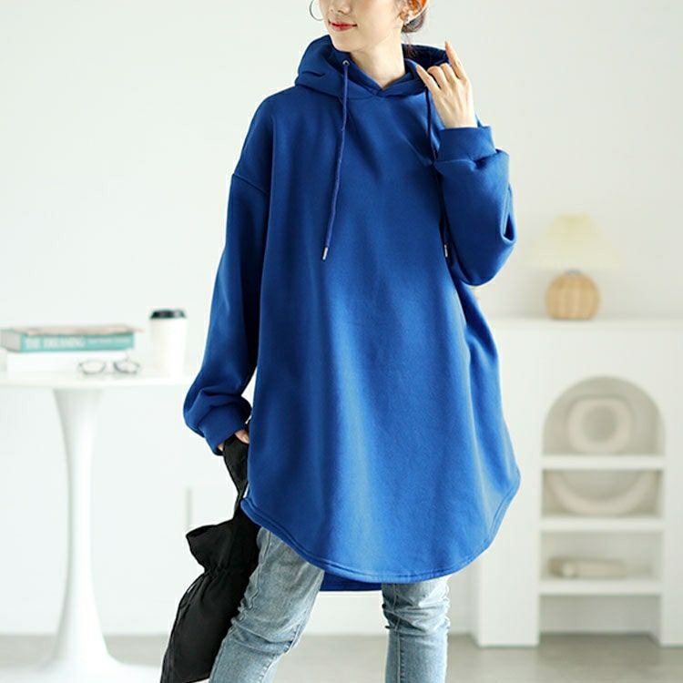 大きいサイズ レディース 裏起毛ラウンドヘムチュニックパーカー　goldy-1602