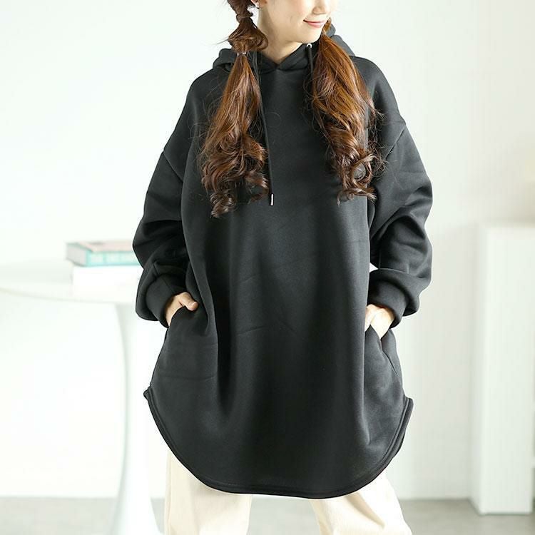 大きいサイズ レディース 裏起毛ラウンドヘムチュニックパーカー　goldy-1602 ブラック