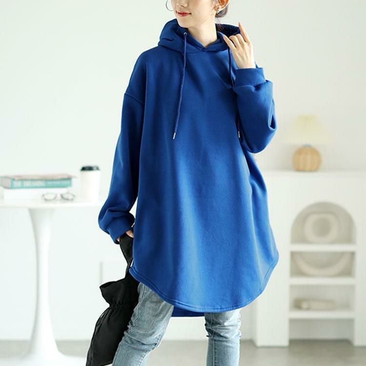 大きいサイズ レディース 裏起毛ラウンドヘムチュニックパーカー　goldy-1602 ブルー