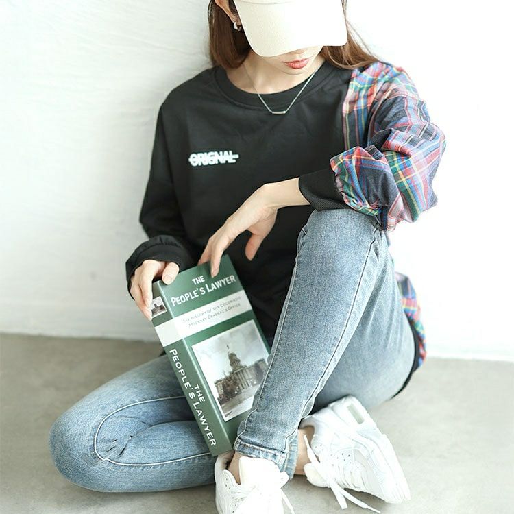 大きいサイズ レディース チェック柄切替えスウェットトレーナー　goldy-1609