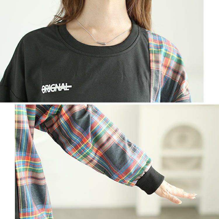 大きいサイズ レディース チェック柄切替えスウェットトレーナー　goldy-1609