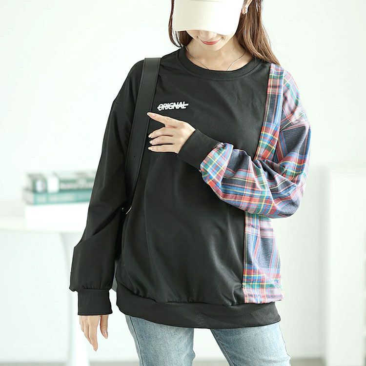 大きいサイズ レディース チェック柄切替えスウェットトレーナー　goldy-1609