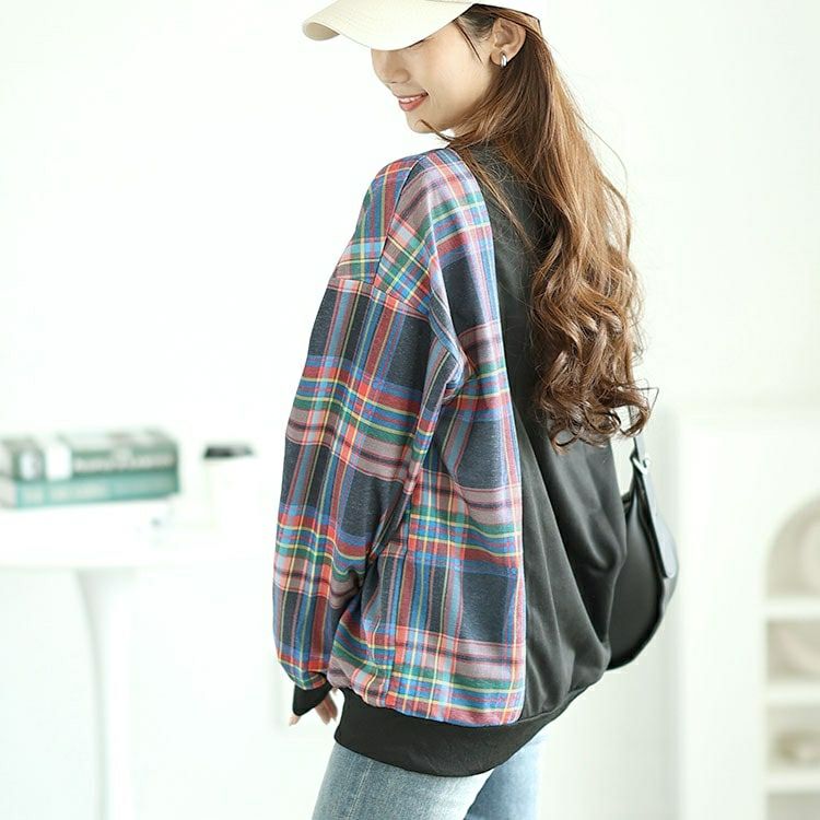 大きいサイズ レディース チェック柄切替えスウェットトレーナー　goldy-1609