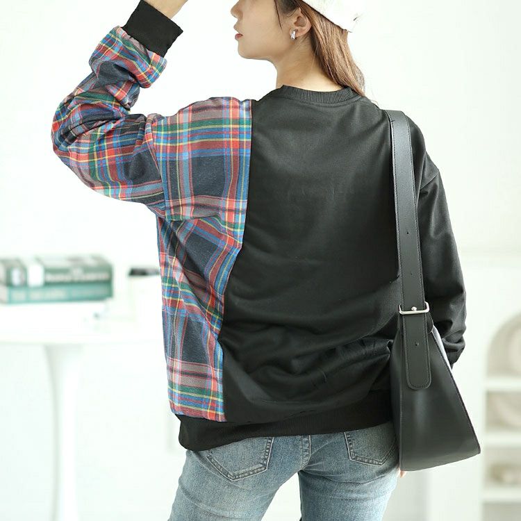 大きいサイズ レディース チェック柄切替えスウェットトレーナー　goldy-1609