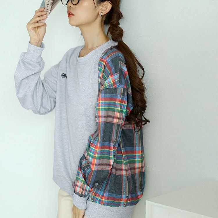 大きいサイズ レディース チェック柄切替えスウェットトレーナー　goldy-1609