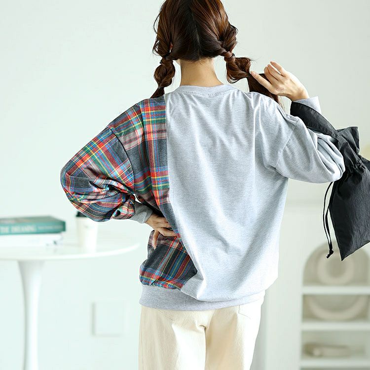 大きいサイズ レディース チェック柄切替えスウェットトレーナー　goldy-1609