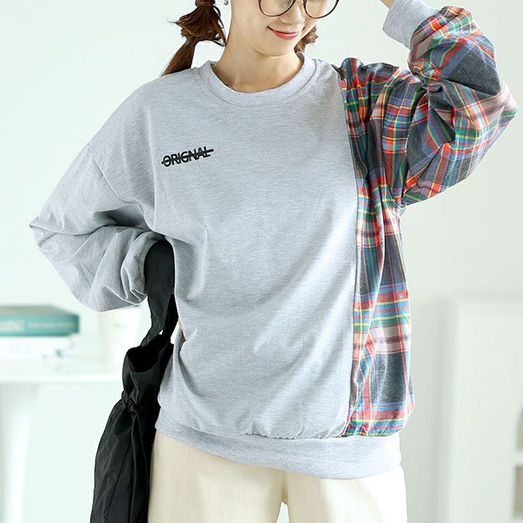 大きいサイズ レディース チェック柄切替えスウェットトレーナー　goldy-1609