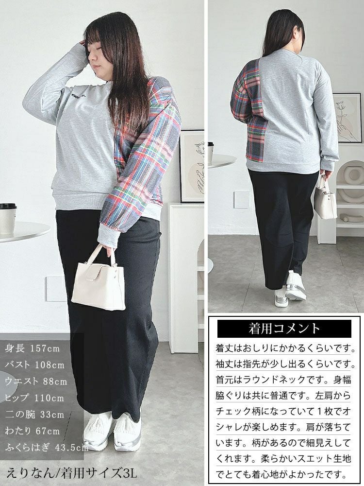 大きいサイズ レディース チェック柄切替えスウェットトレーナー　goldy-1609