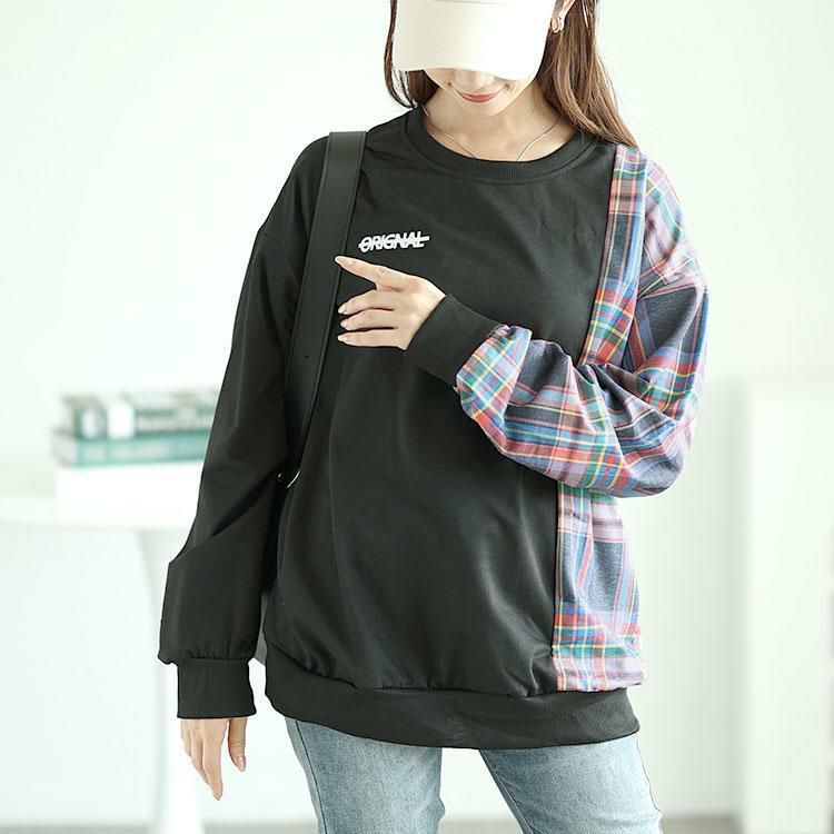 大きいサイズ レディース チェック柄切替えスウェットトレーナー　goldy-1609 ブラック