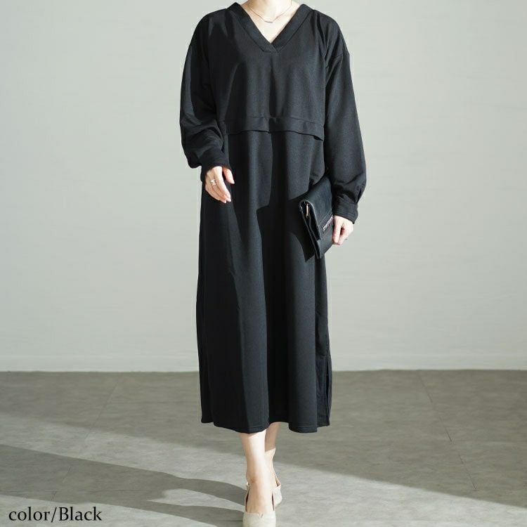 大きいサイズ レディース Vネックウエスト切り替えワンピース　fem-528