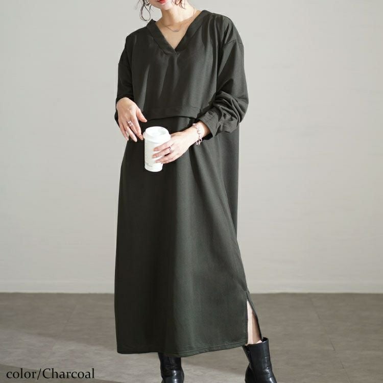 大きいサイズ レディース Vネックウエスト切り替えワンピース　fem-528