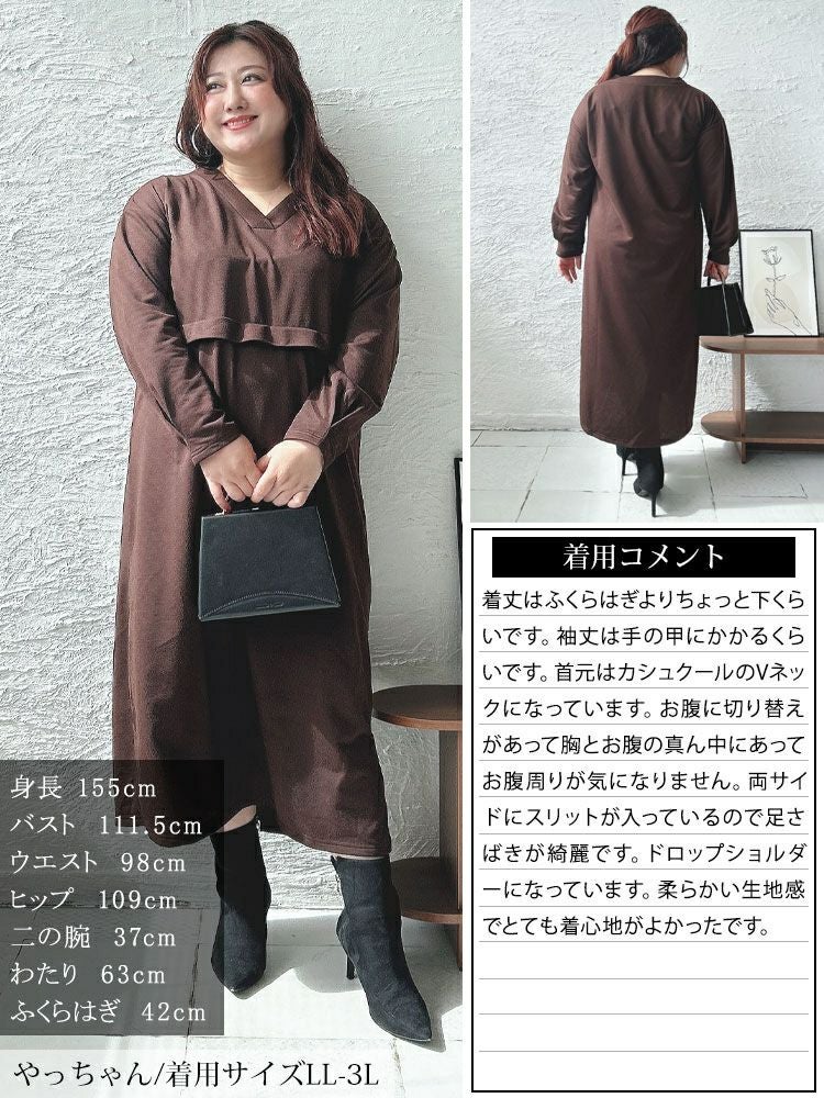 大きいサイズ レディース Vネックウエスト切り替えワンピース fem-528
