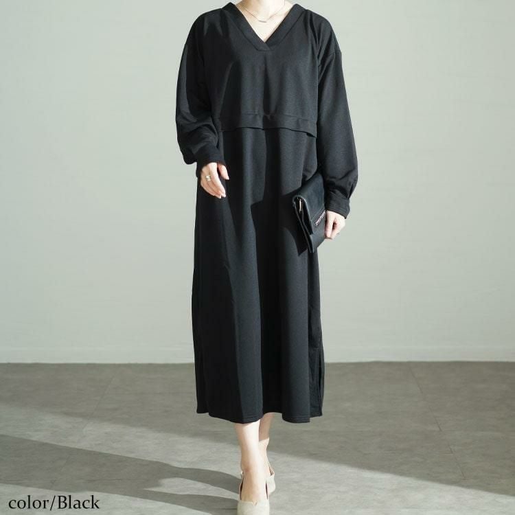 大きいサイズ レディース Vネックウエスト切り替えワンピース　fem-528 ブラック
