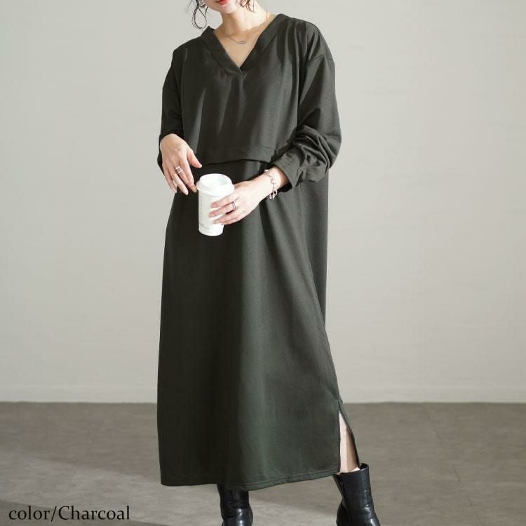 大きいサイズ レディース Vネックウエスト切り替えワンピース　fem-528 チャコール