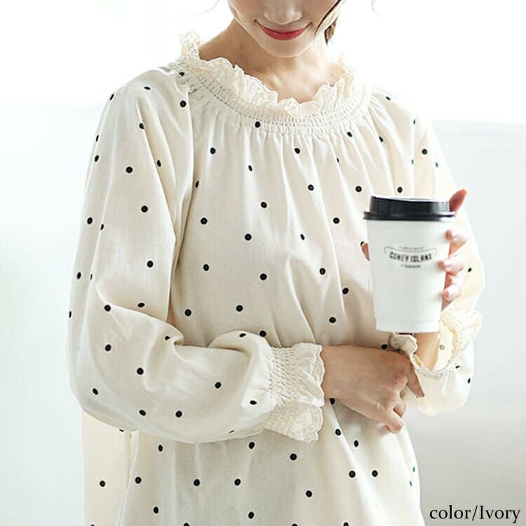 大きいサイズ レディース 襟袖シャーリングドット柄コットンブラウス　cpdai-640621 【メール便可】
