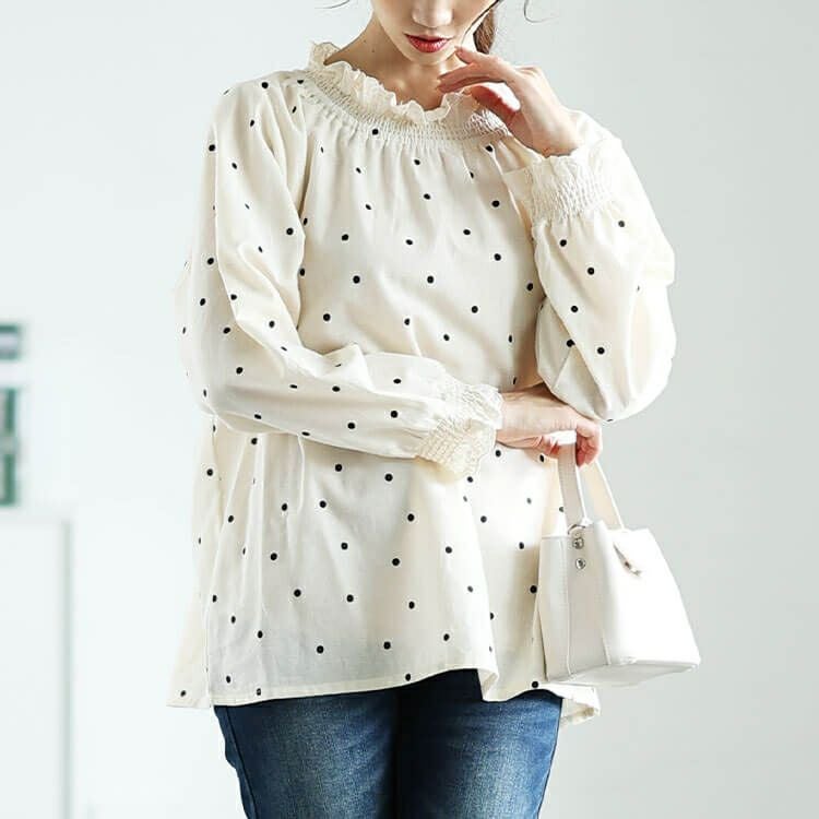 大きいサイズ レディース 襟袖シャーリングドット柄コットンブラウス　cpdai-640621 【メール便可】