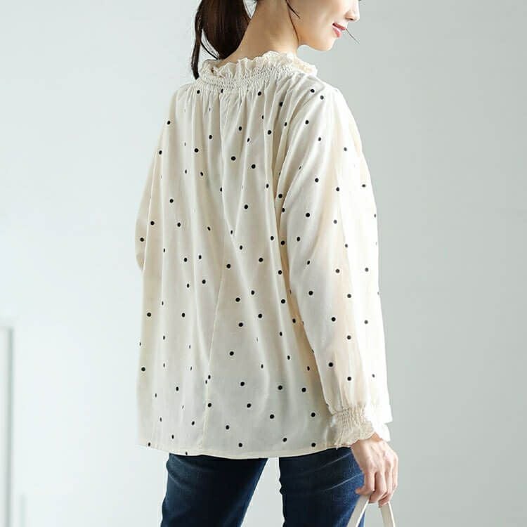 大きいサイズ レディース 襟袖シャーリングドット柄コットンブラウス　cpdai-640621 【メール便可】