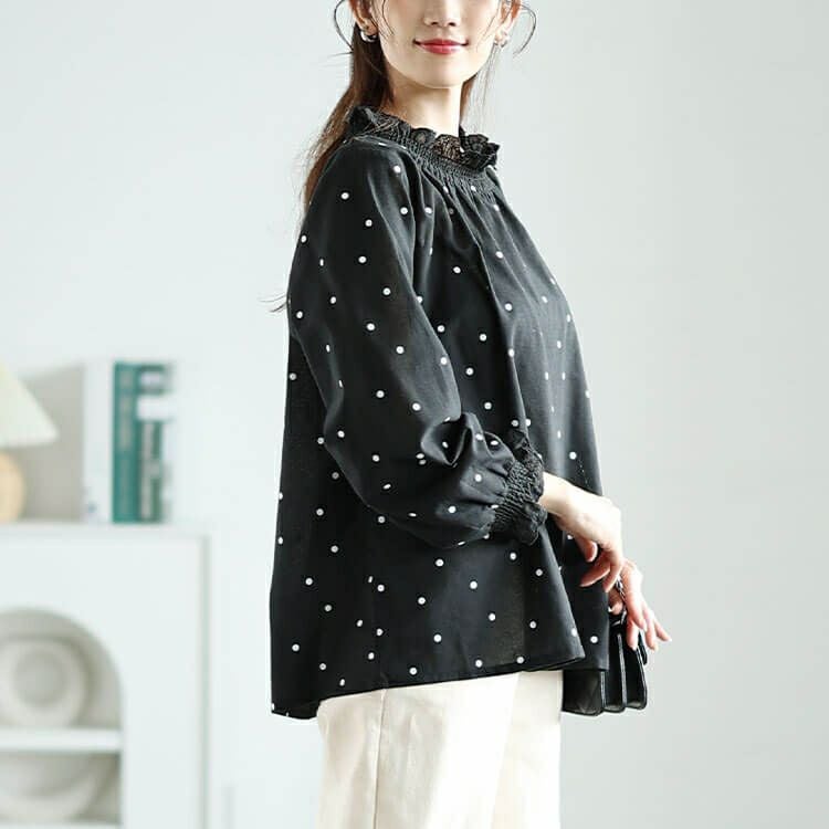 大きいサイズ レディース 襟袖シャーリングドット柄コットンブラウス　cpdai-640621 【メール便可】