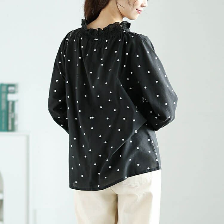 大きいサイズ レディース 襟袖シャーリングドット柄コットンブラウス　cpdai-640621 【メール便可】