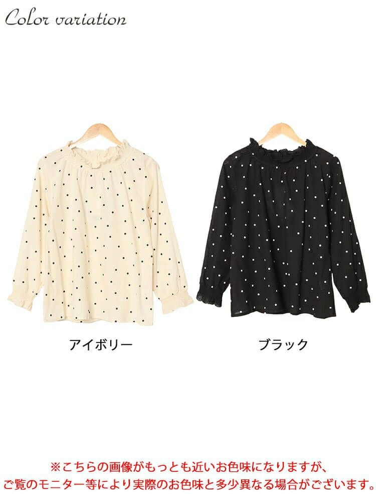 大きいサイズ レディース 襟袖シャーリングドット柄コットンブラウス　cpdai-640621 【メール便可】