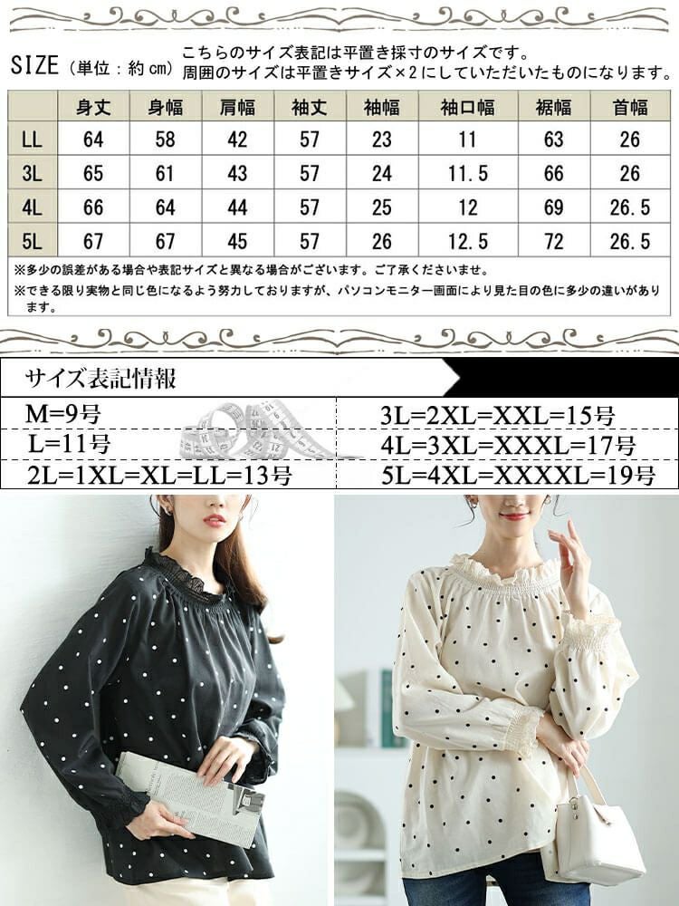 大きいサイズ レディース 襟袖シャーリングドット柄コットンブラウス　cpdai-640621 【メール便可】