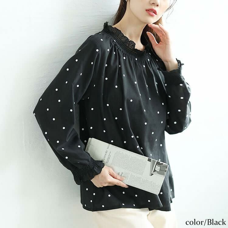 大きいサイズ レディース 襟袖シャーリングドット柄コットンブラウス　cpdai-640621 【メール便可】 ブラック