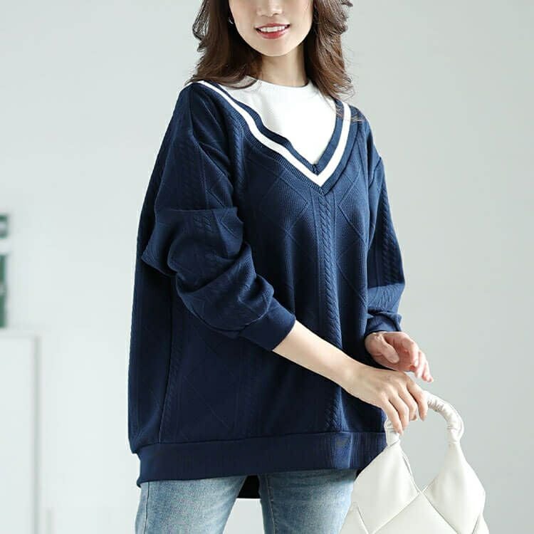 大きいサイズ レディース ラインVネック重ね着風プルオーバー　cpdai-659259
