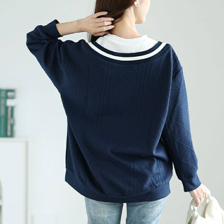 大きいサイズ レディース ラインVネック重ね着風プルオーバー　cpdai-659259