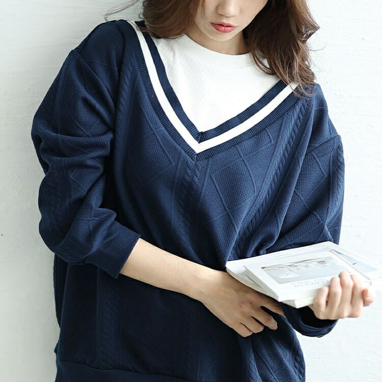 大きいサイズ レディース ラインVネック重ね着風プルオーバー　cpdai-659259