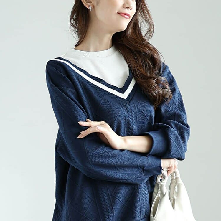 大きいサイズ レディース ラインVネック重ね着風プルオーバー　cpdai-659259