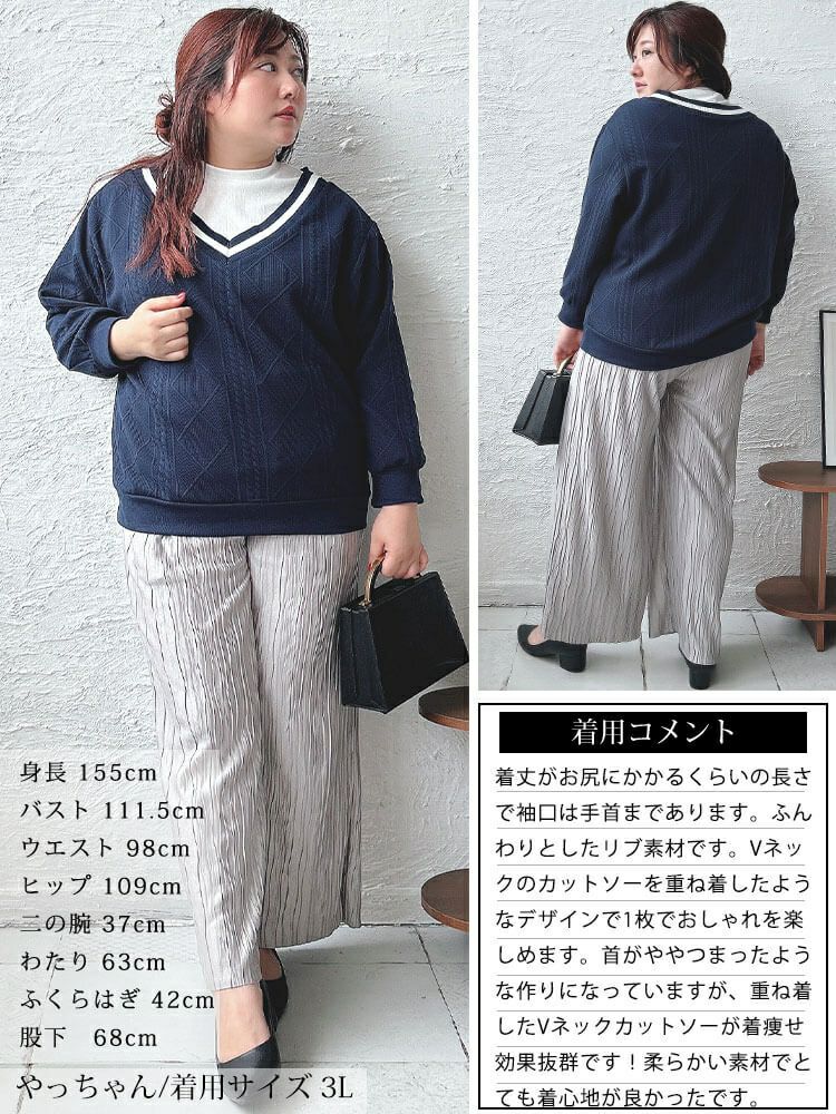 大きいサイズ レディース ラインVネック重ね着風プルオーバー　cpdai-659259