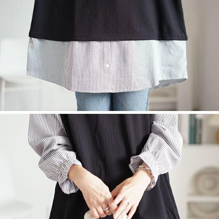 大きいサイズ レディース ストライプシャツフェイクベストチュニック　cpdai-659256