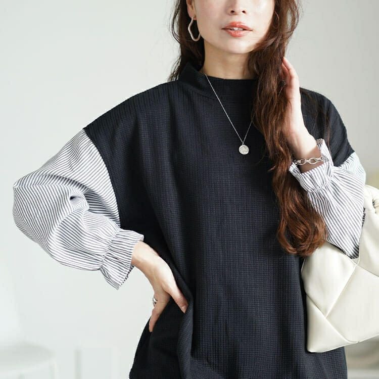 大きいサイズ レディース ストライプシャツフェイクベストチュニック　cpdai-659256