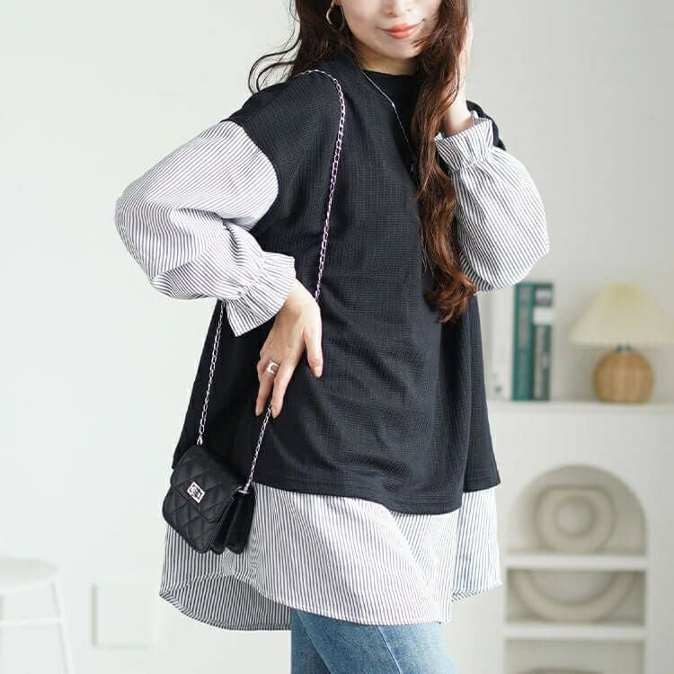 大きいサイズ レディース ストライプシャツフェイクベストチュニック　cpdai-659256