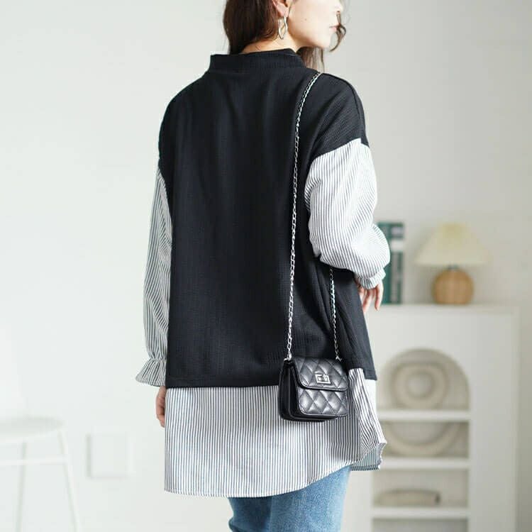 大きいサイズ レディース ストライプシャツフェイクベストチュニック　cpdai-659256