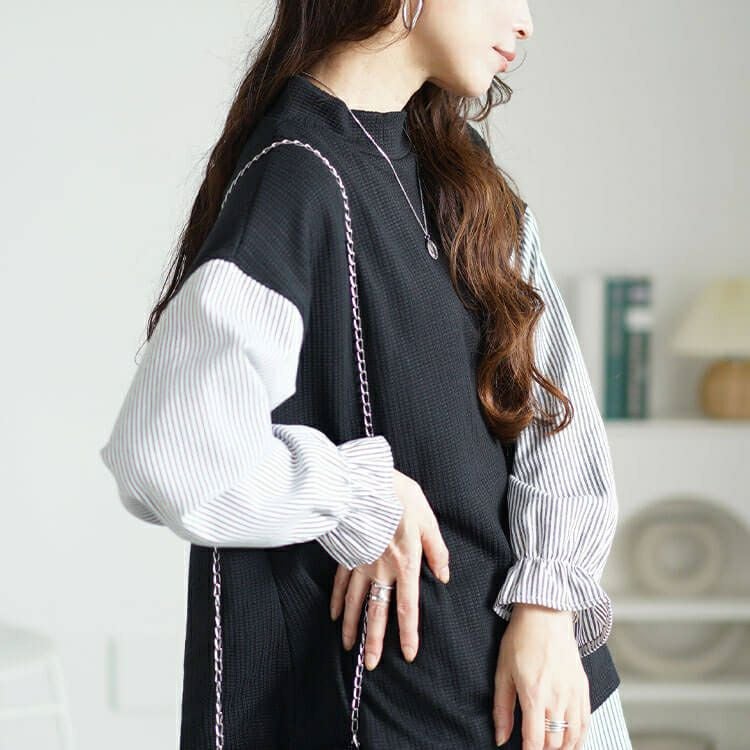 大きいサイズ レディース ストライプシャツフェイクベストチュニック　cpdai-659256