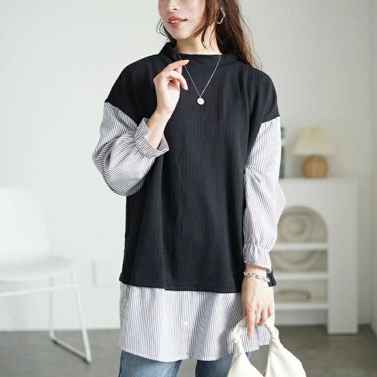 大きいサイズ レディース ストライプシャツフェイクベストチュニック　cpdai-659256