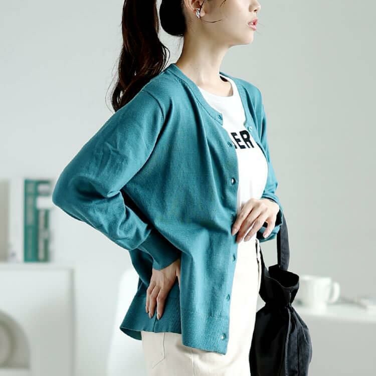 大きいサイズ レディース 洗えるクルーネックカーディガン　cpdai-640575 ターコイズ