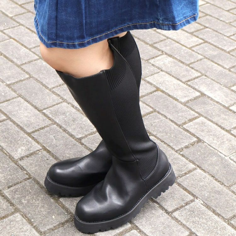 大きいサイズ レディース 甲高幅広4E厚底ニットコンビロングブーツ　lama-573