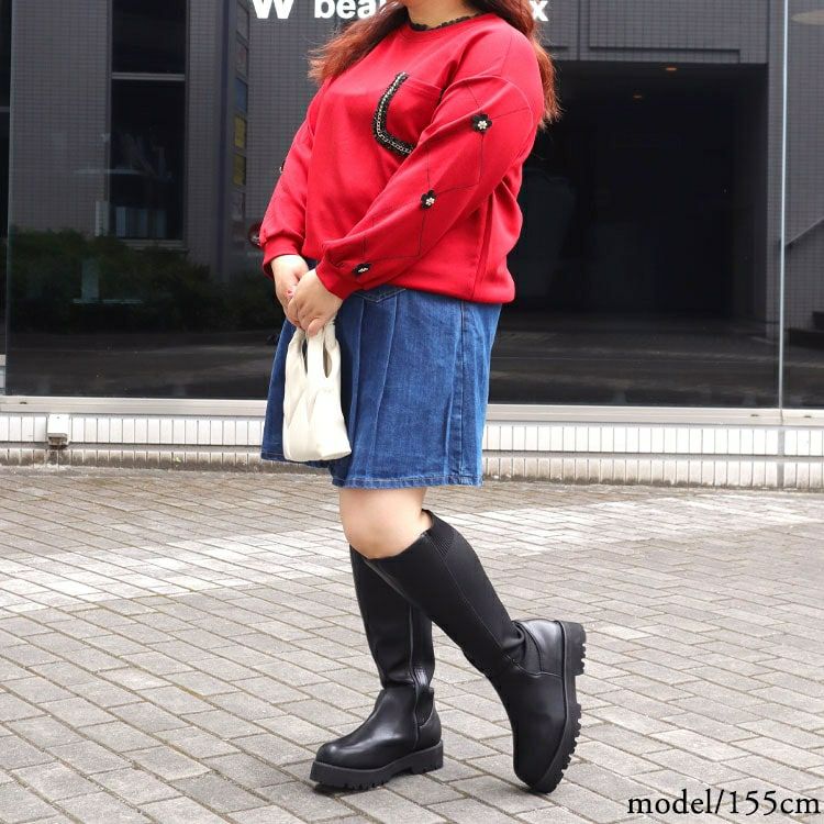 大きいサイズ レディース 甲高幅広4E厚底ニットコンビロングブーツ　lama-573