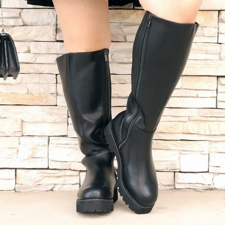 大きいサイズ レディース 甲高幅広4E厚底ニットコンビロングブーツ　lama-573 ブラック