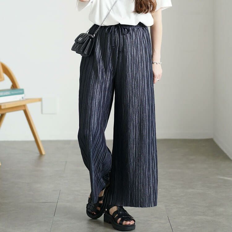 大きいサイズ レディース ウェーブタックラメワイドパンツ　plan-450016