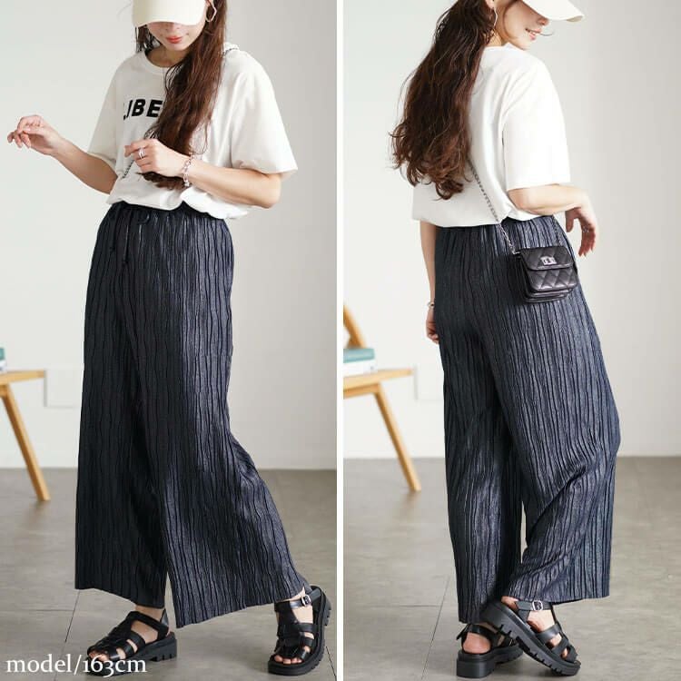 大きいサイズ レディース ウェーブタックラメワイドパンツ　plan-450016