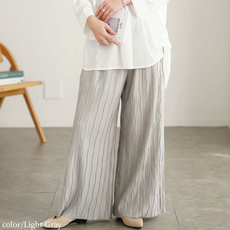 大きいサイズ レディース ウェーブタックラメワイドパンツ　plan-450016 ライトグレー