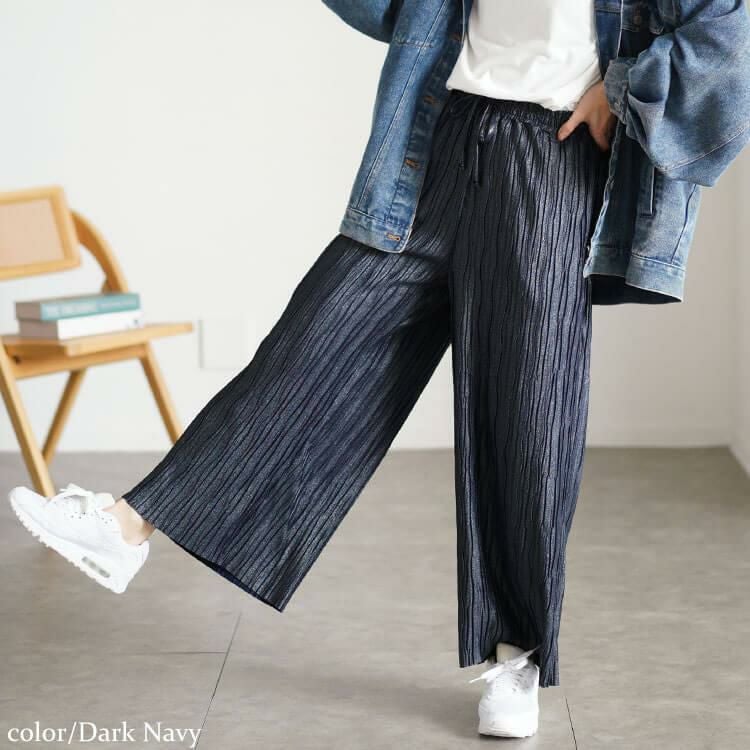 大きいサイズ レディース ウェーブタックラメワイドパンツ　plan-450016 ダークネイビー
