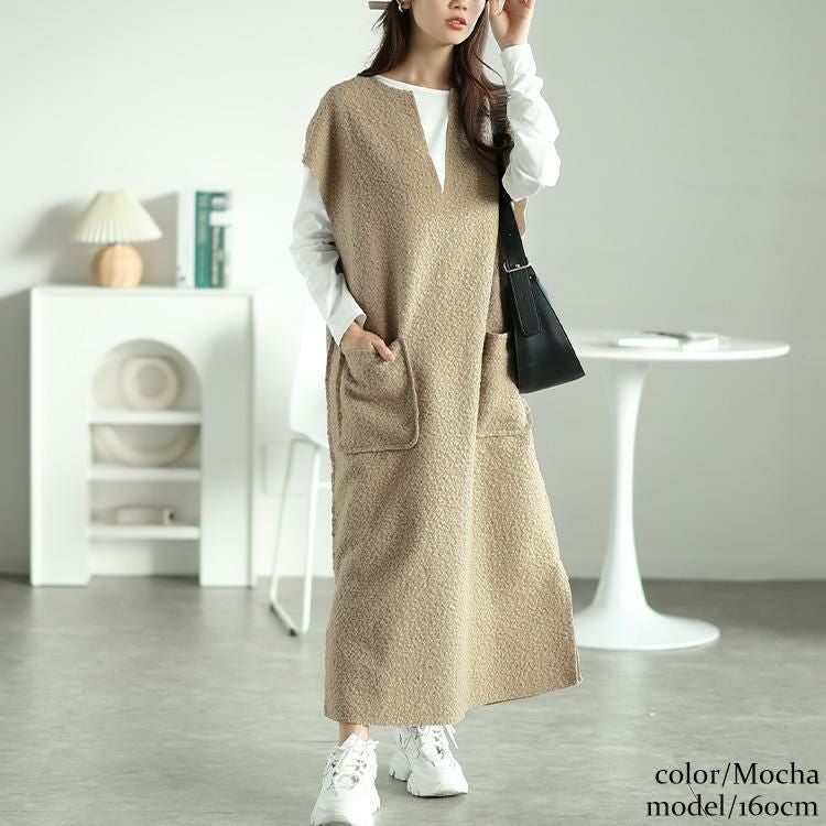 大きいサイズ レディース 深キーネックブークレジャンパースカート　plan-360014 モカ