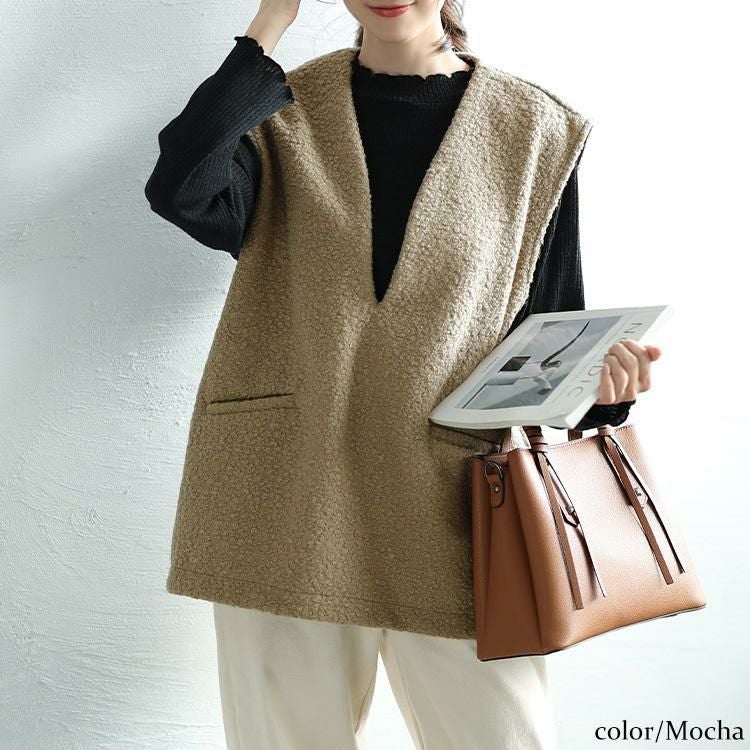 大きいサイズ レディース 深キーネックブークレベスト　plan-360013 モカ