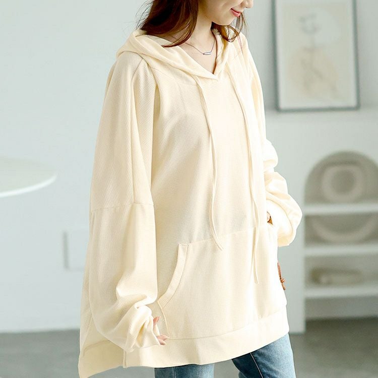 大きいサイズ レディース ワッフルオーバーサイズパーカー　goldy-1587