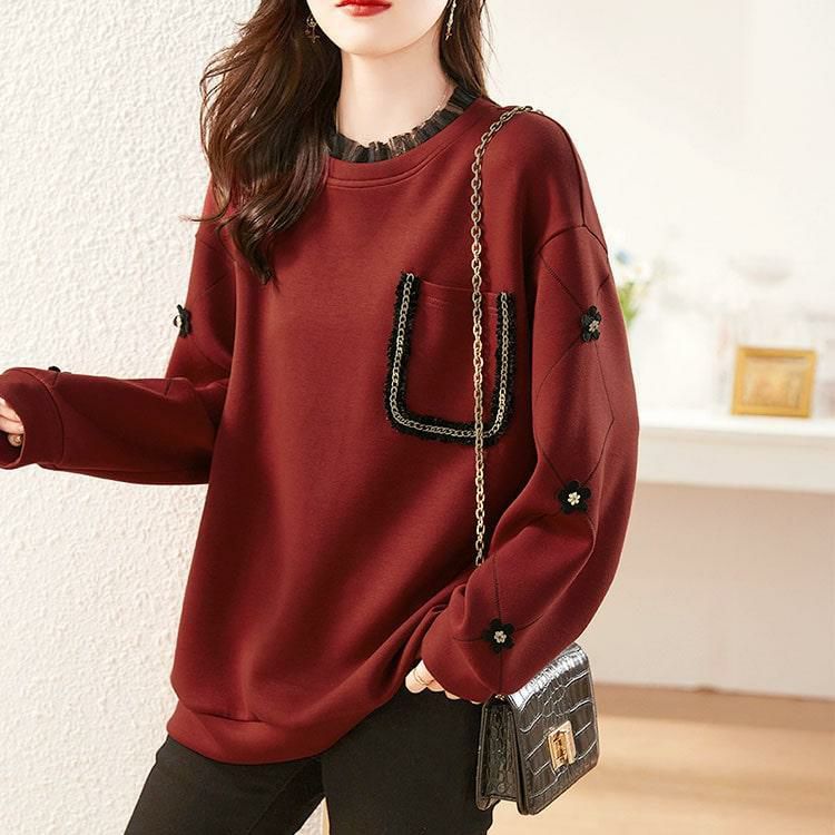 大きいサイズ レディース デザイン袖フリルネックスウェット　goldy-1599 レッド