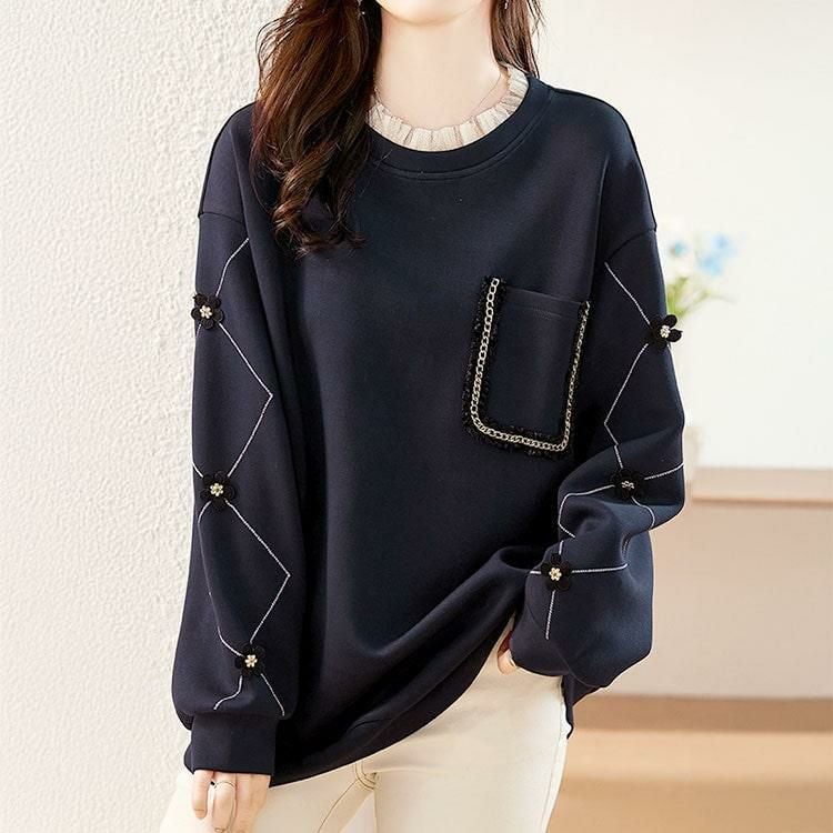 大きいサイズ レディース デザイン袖フリルネックスウェット　goldy-1599 ネイビー